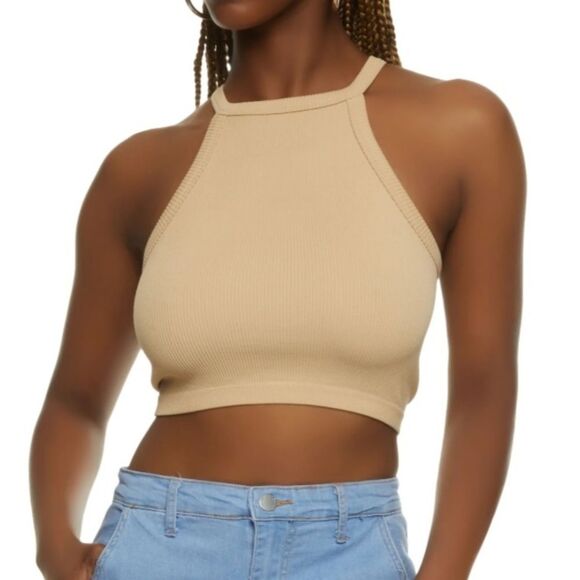 NWT J.o & Co Selena High Neck Cropped Ribbed Top in Warm Sand Sz XS/S - Picture 1 of 12
